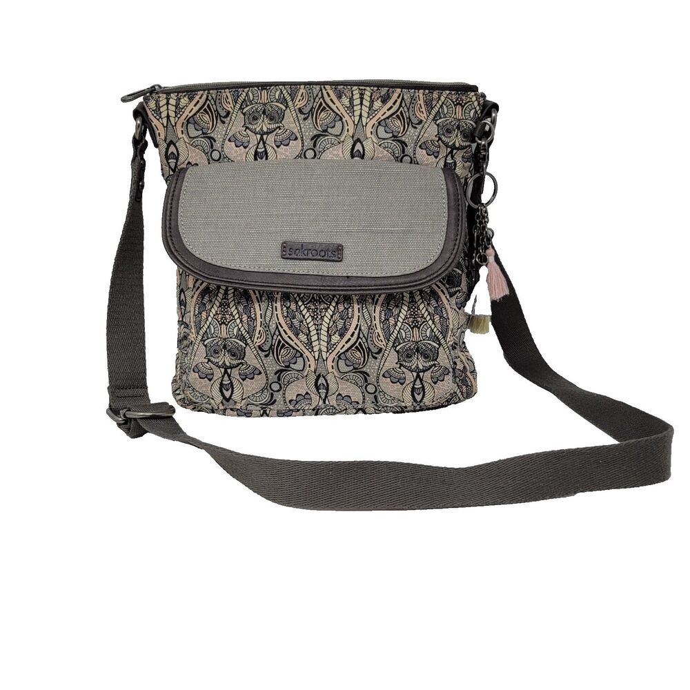 Sakroots Artist Circle Flap Crossbody Bag Grey Paisley Bird Key Ring Boho EUC